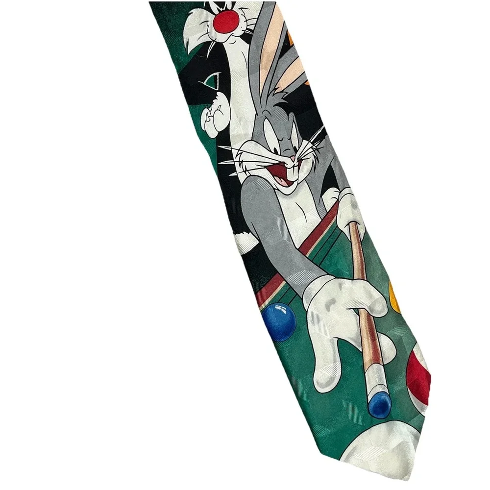 Vintage Looney Tunes Mania Silk Neck Tie Bugs Bunny Pool Billiards Cartoon USA